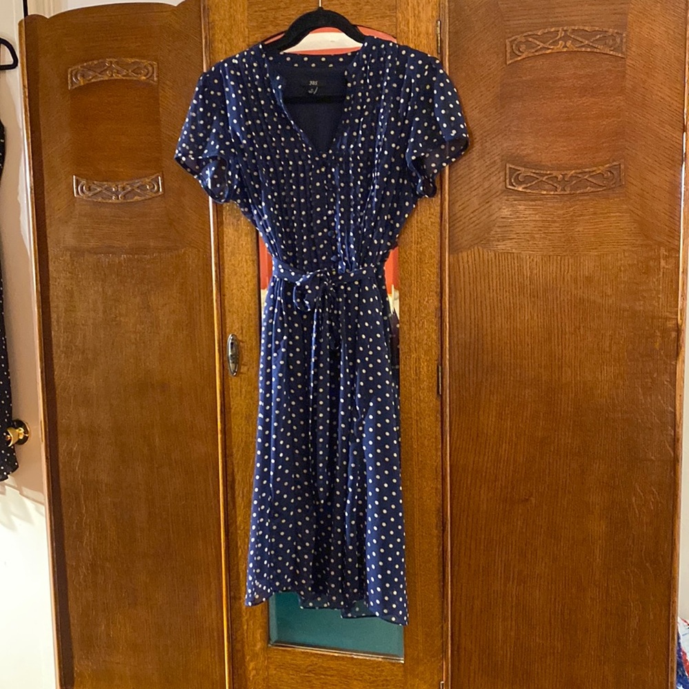 Navy w/ beige polka dot dress